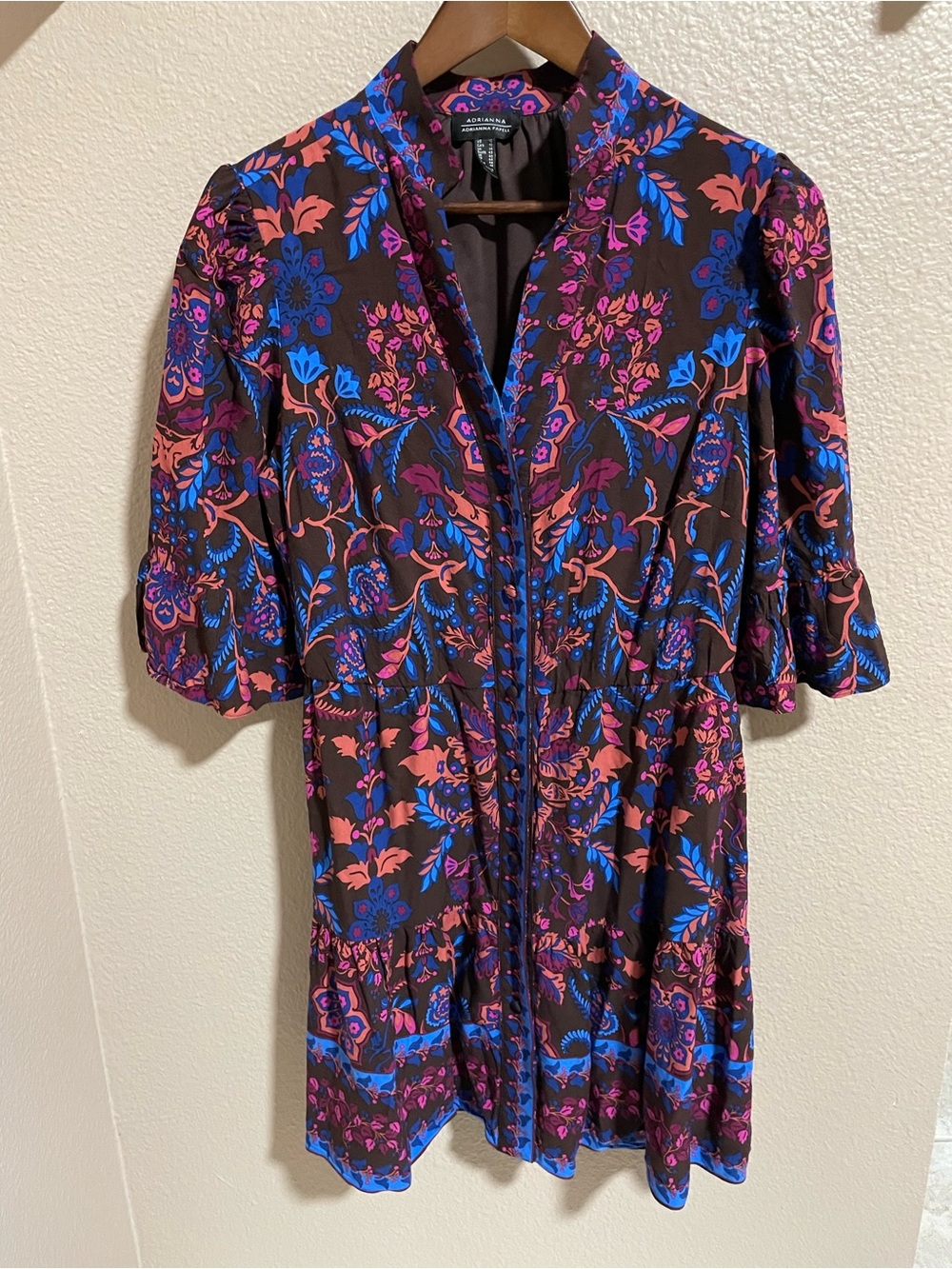 Adrianna Papell Brown Mini Dress with Pink & Blue Floral Print - Picture 2 of 8